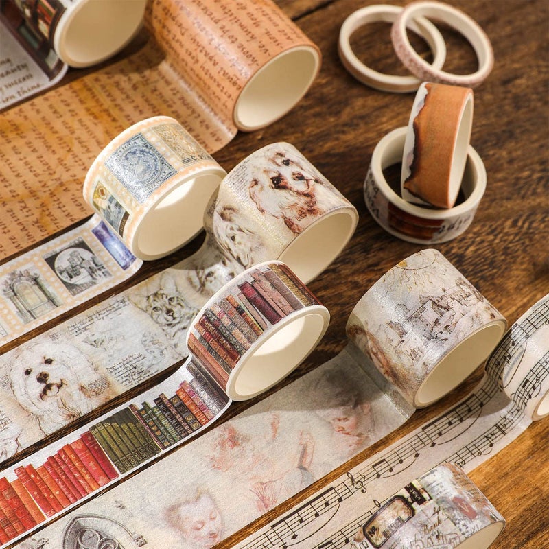 emmoolife 18 Rolls Vintage Washi Tape Set, Castle Stamp Music Retro Masking Tape 5/10/15/20/25/30/50/75mm Wide 6.56ft Long Decorative Scrapbook Tape for journaling, Scrapbooking Supplies, Junk Journal Craft - Image 4